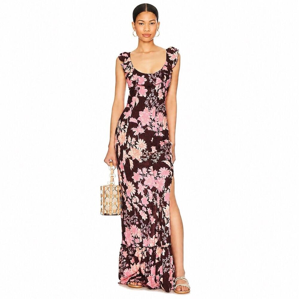 Free People Remind Me Maxi Slip Dress Small Floral Ruffle Boho Tropical Resort